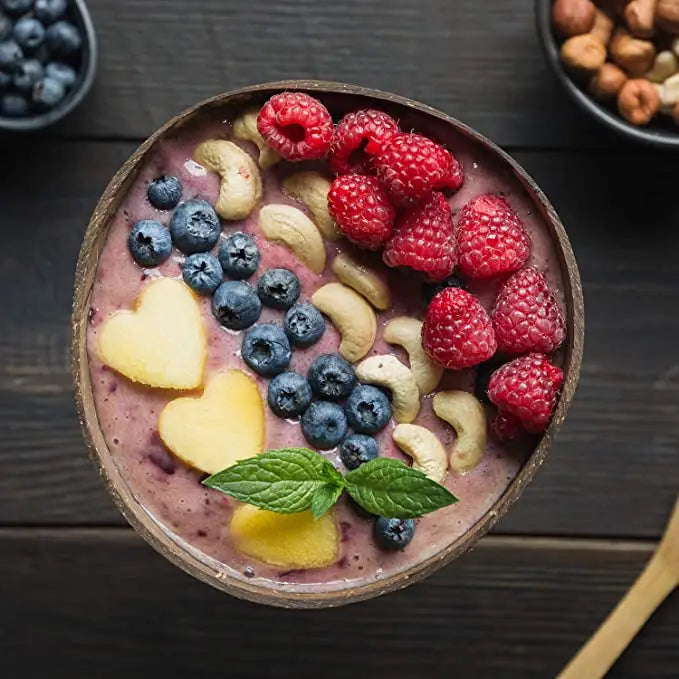 100% coconut shell bowls filled with fruit