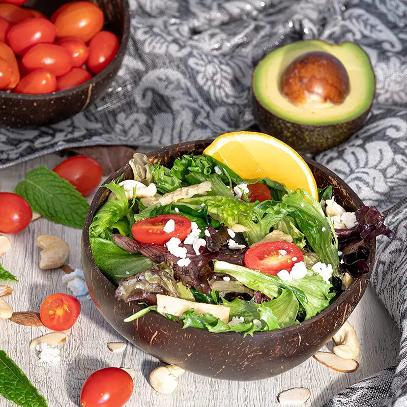 100% coconut shell bowls filled with salad