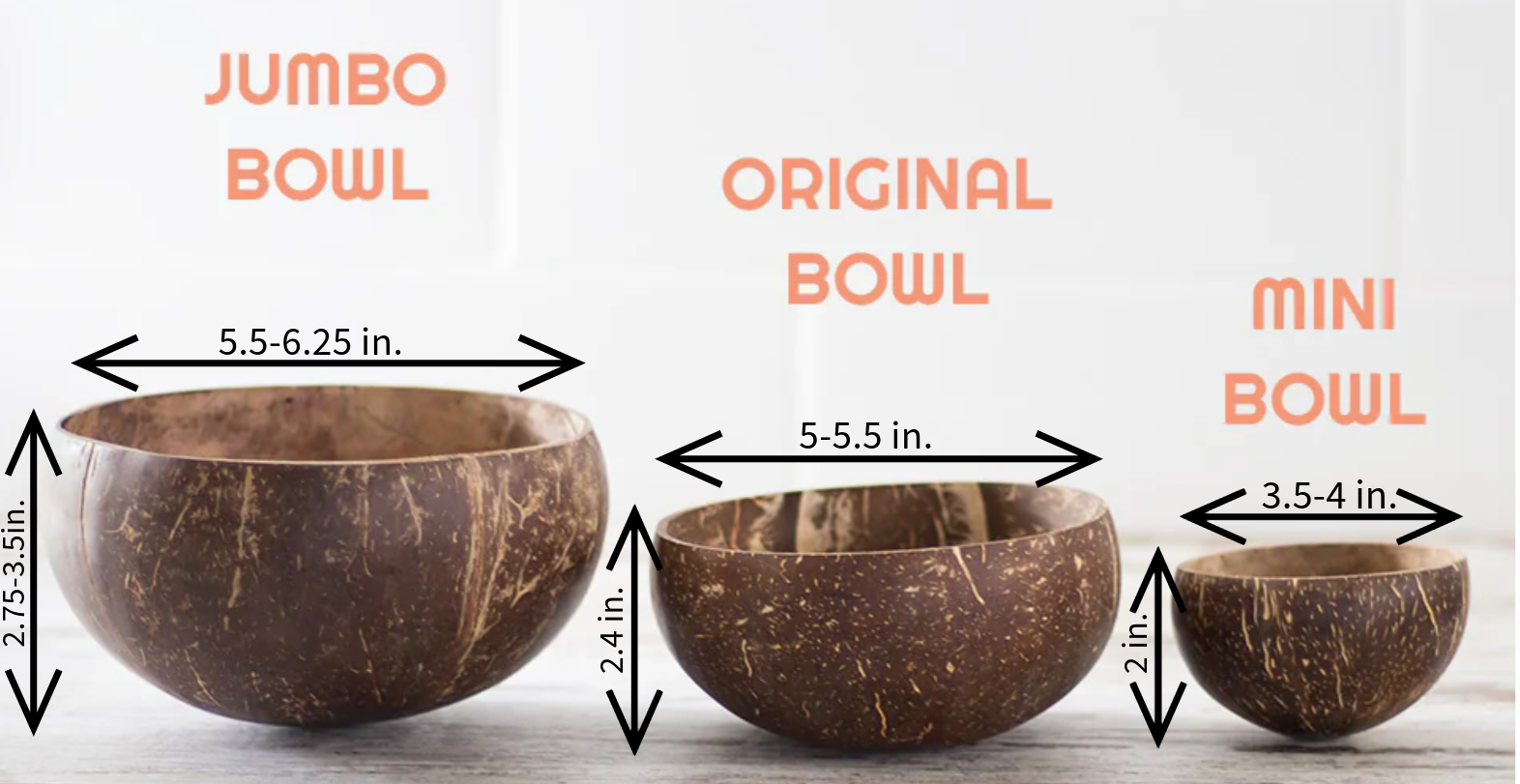 100% coconut shell bowls size chart