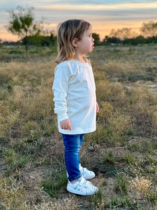 Kid Wearing 100% Organic Undyed Unbleached Cotton Long Sleeve Shirt