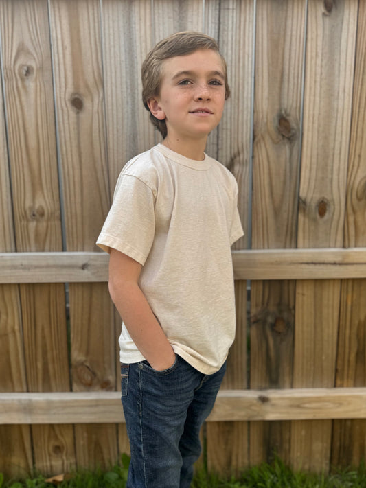 Kid wearing 100% Organic Undyed Unbleached Cotton Long Sleeve Shirt