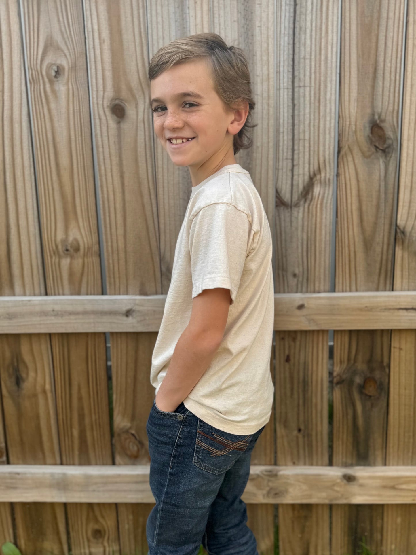 Kid wearing 100% Organic Undyed Unbleached Cotton Long Sleeve Shirt