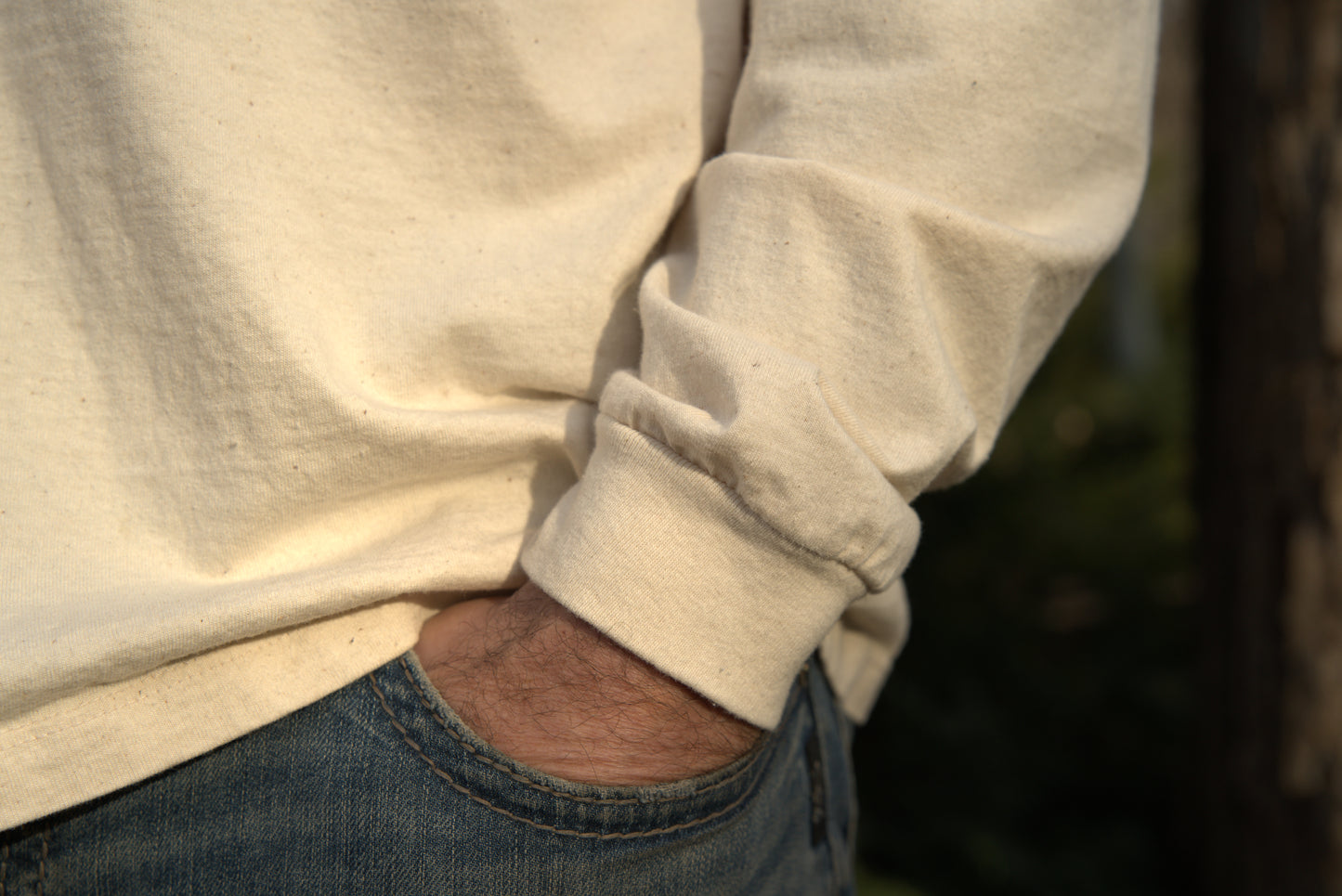 Man Wearing 100% Organic Undyed Unbleached Cotton Long Sleeve Shirt