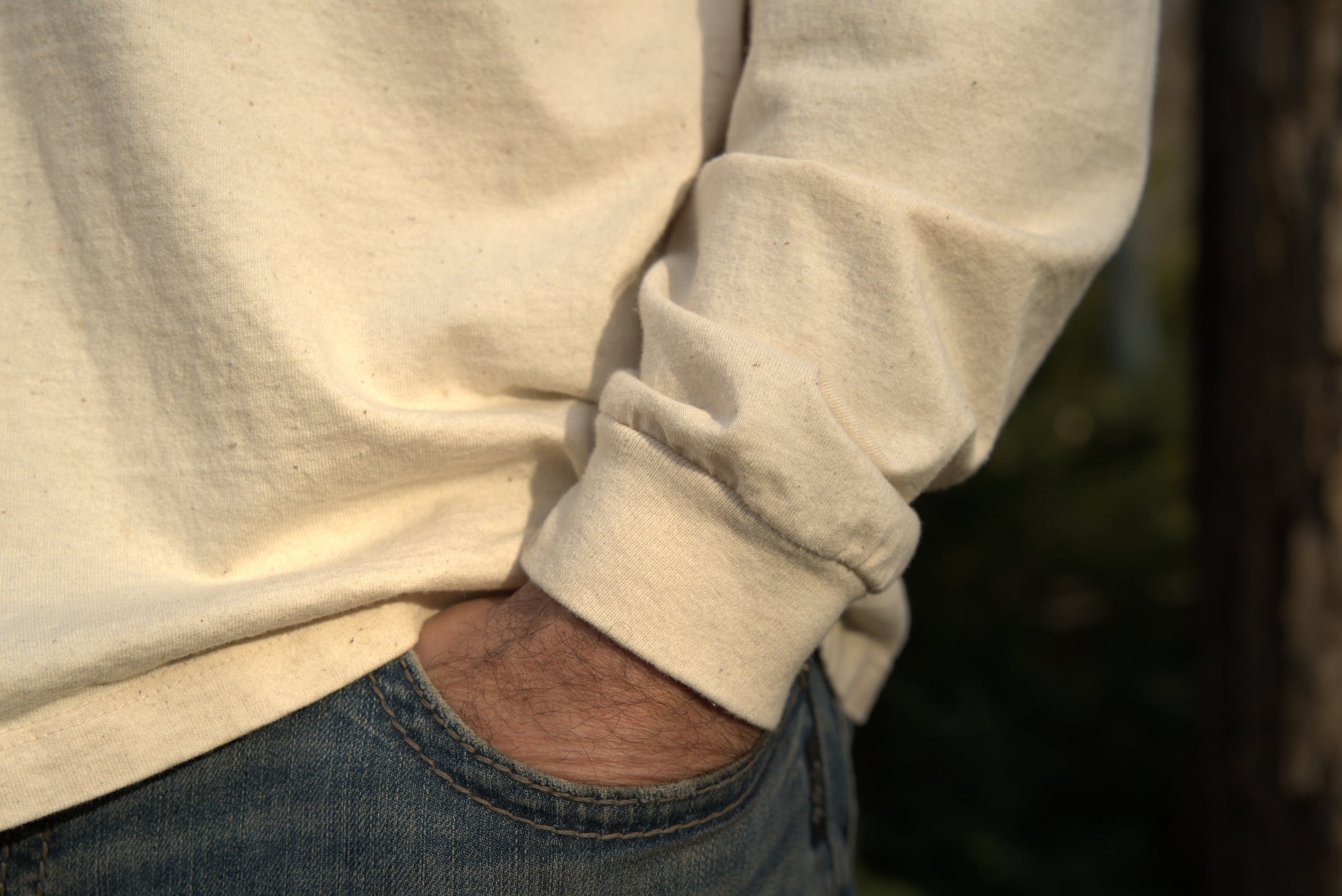 Man Wearing 100% Organic Undyed Unbleached Cotton Long Sleeve Shirt