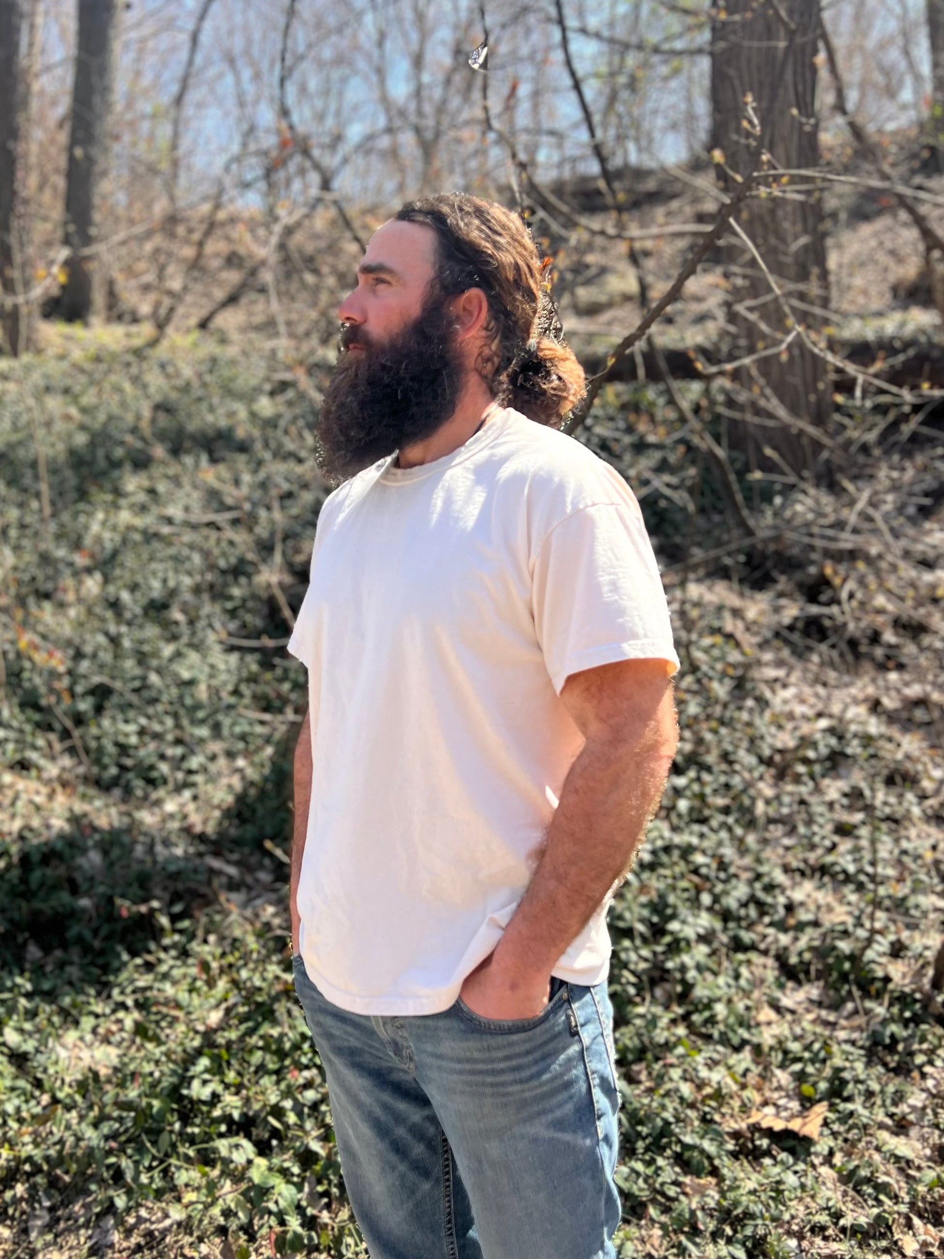 Man wearing 100% Organic Undyed Unbleached Cotton Short Sleeve Shirt