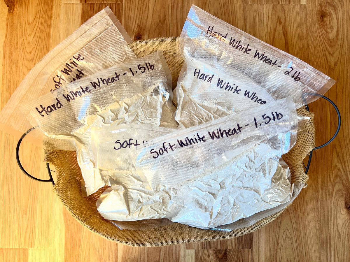 Fresh milled organic flour in vacuum seal bags