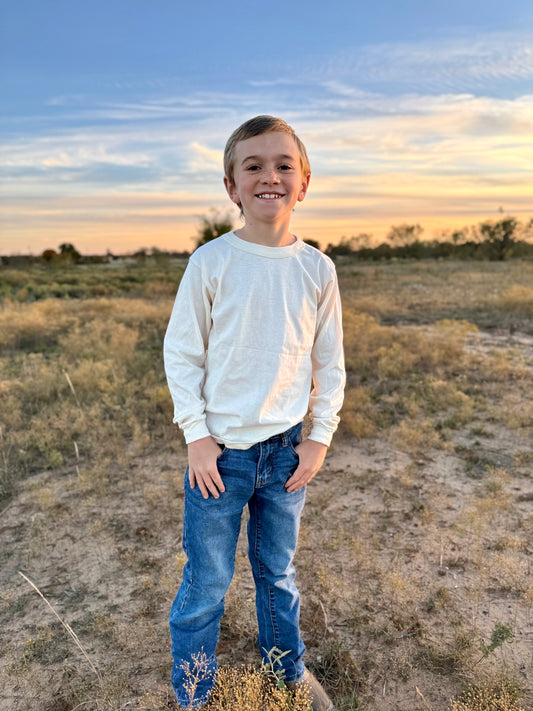 Kid Wearing 100% Organic Undyed Unbleached Cotton Long Sleeve Shirt