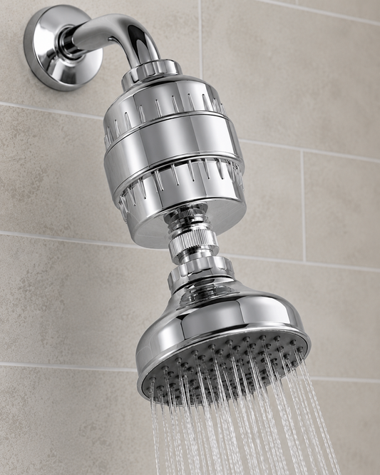A Rowe naturals shower filter attached to the shower head.